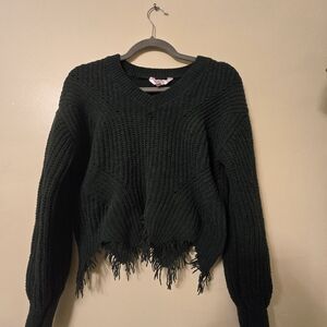 No Boundaries Dark Green Fringe Sweater